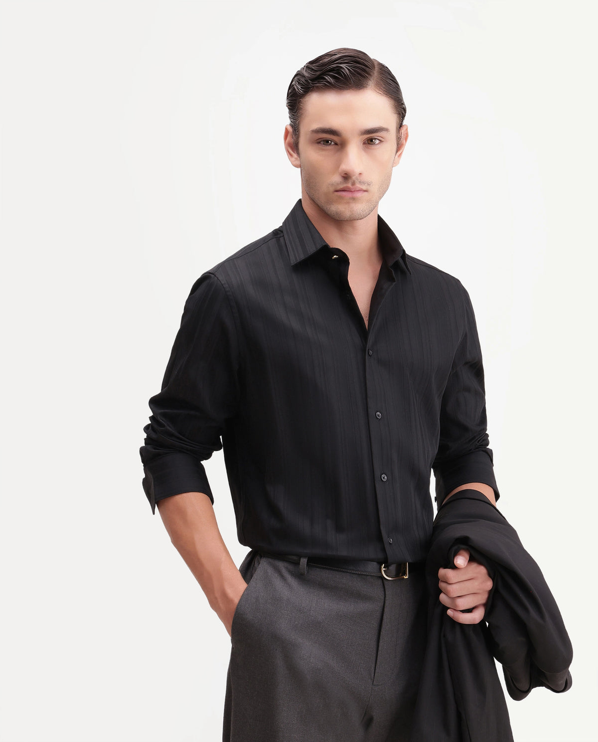 Rare Rabbit Men's Gory Black Cotton Spread Collar Regular Fit Plain Shirt