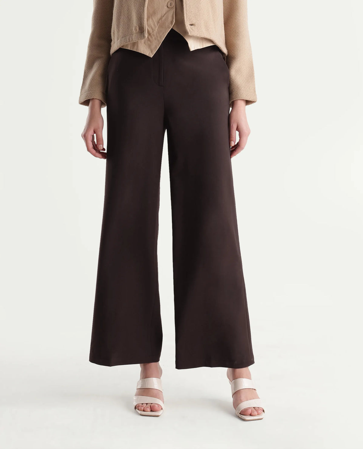 Rareism Women's Widraw Primary Brown Polyester Blend Button And Zip Wide Leg Plain Trouser