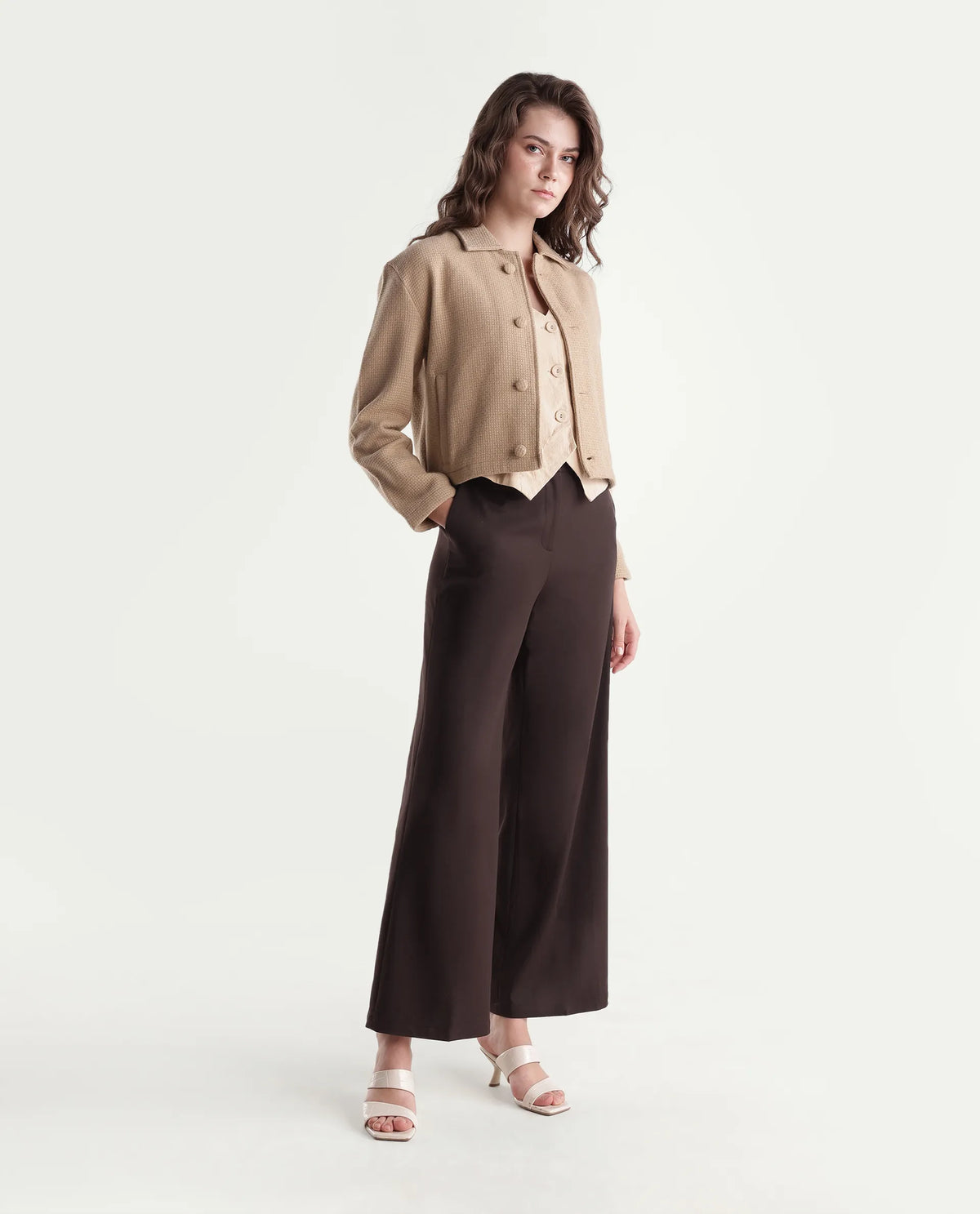 Rareism Women's Widraw Primary Brown Polyester Blend Button And Zip Wide Leg Plain Trouser