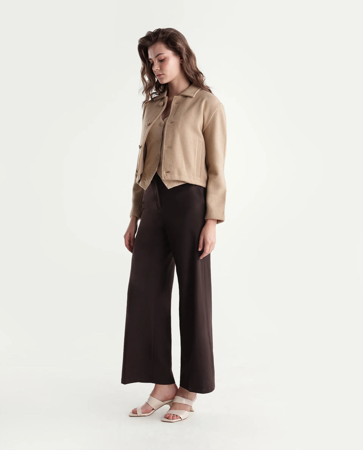 Rareism Women's Widraw Primary Brown Polyester Blend Button And Zip Wide Leg Plain Trouser