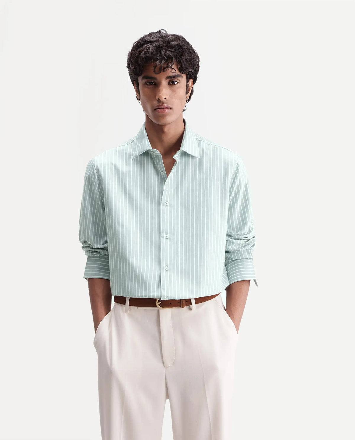 Rare Rabbit Men's Orven Primary Green Cotton Blend Spread Collar Button Regular Striped Shirt