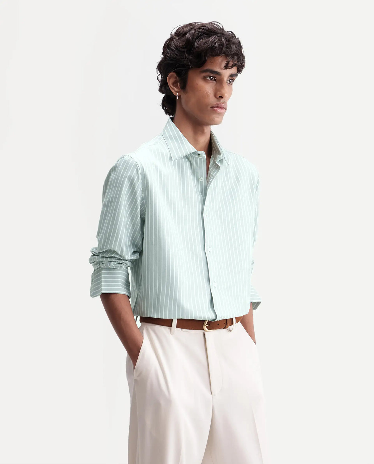 Rare Rabbit Men's Orven Primary Green Cotton Blend Spread Collar Button Regular Striped Shirt