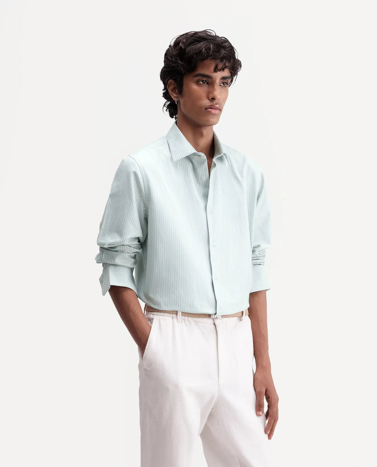 Rare Rabbit Men's Evaro Dusky Green Cotton Blend Spread Collar Button Regular Striped Shirt