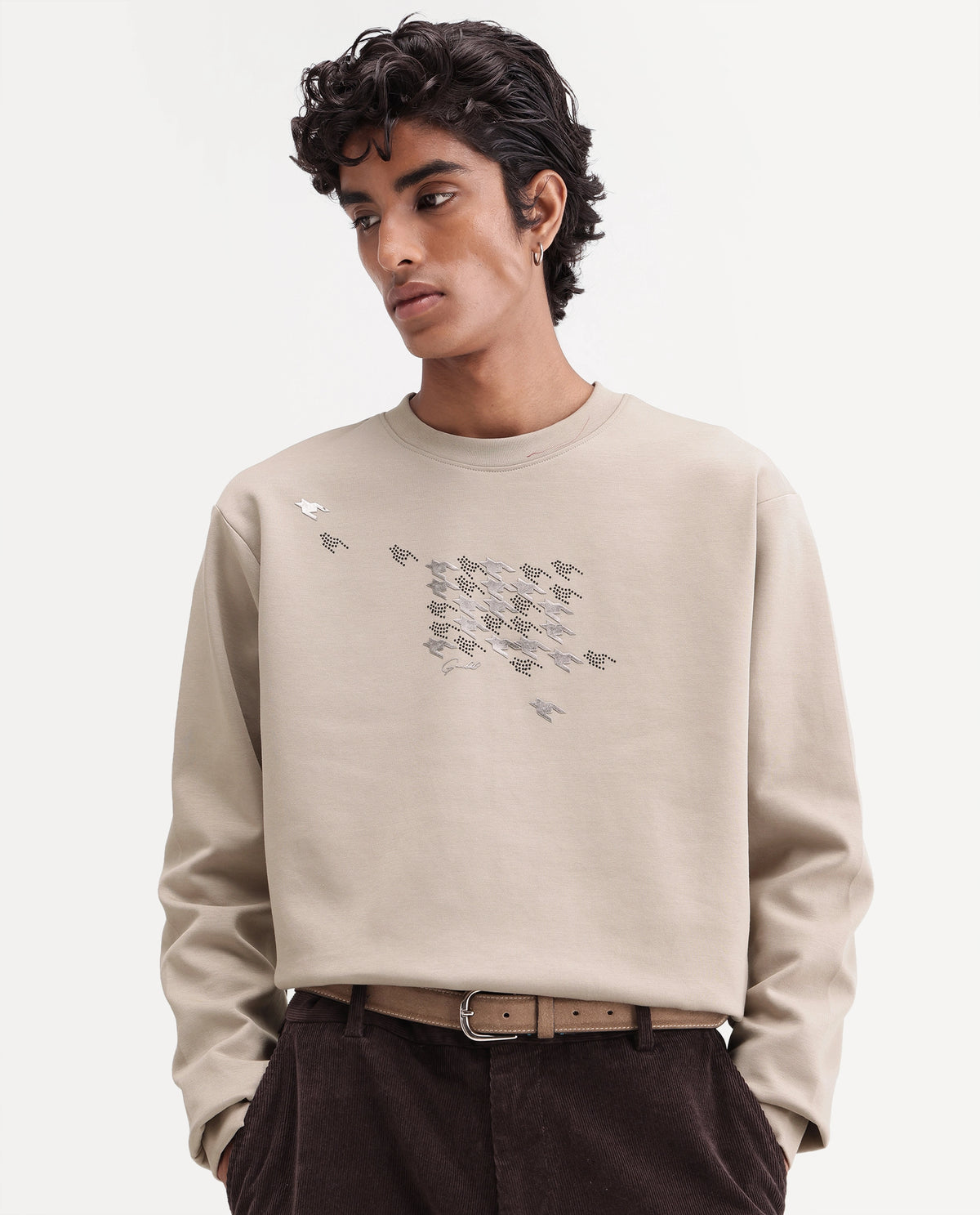 Rare Rabbit Men's Flet Dusky Beige Cotton Blend Crew Neck Regular Branding Sweatshirt