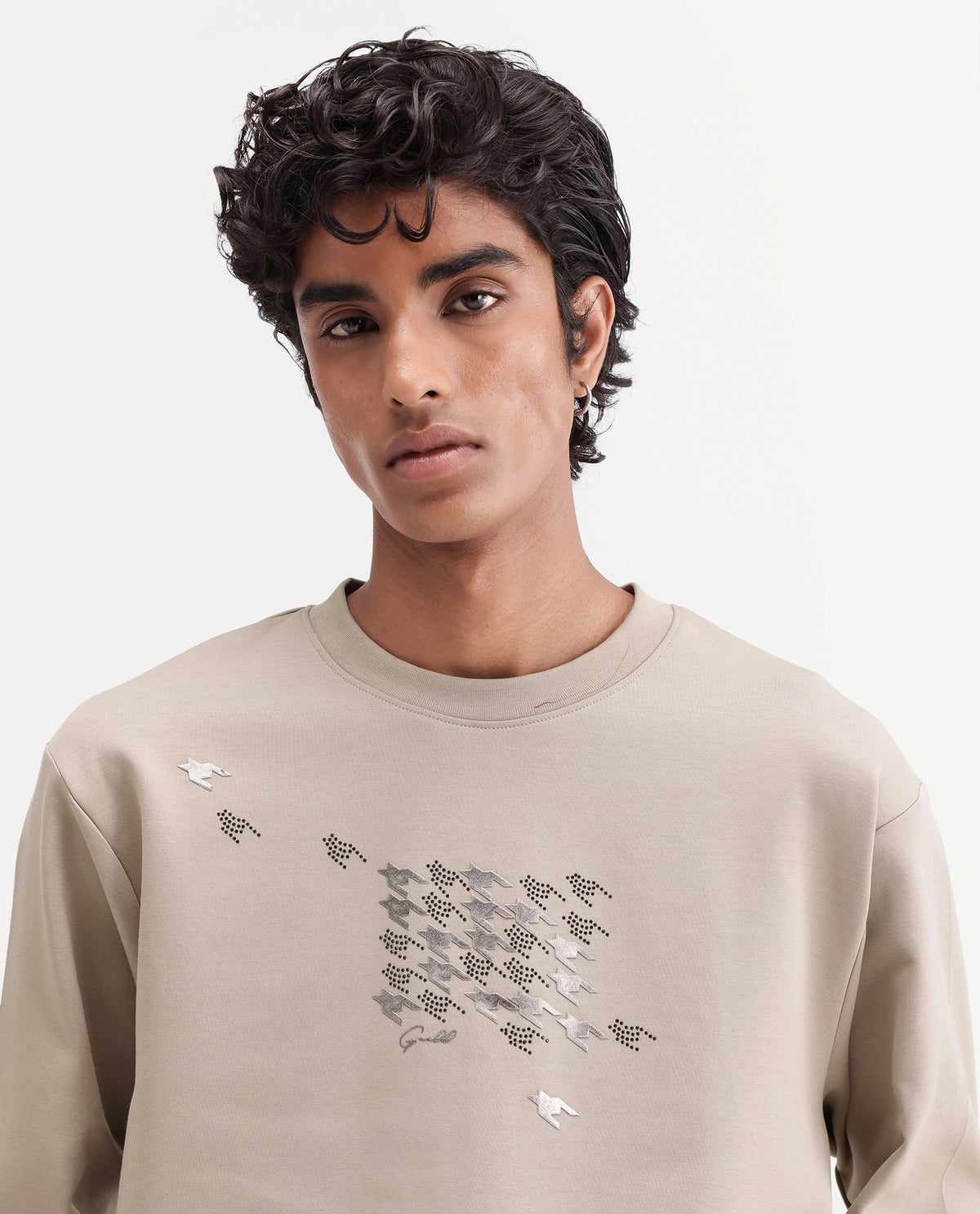 Rare Rabbit Men's Flet Dusky Beige Cotton Blend Crew Neck Regular Branding Sweatshirt