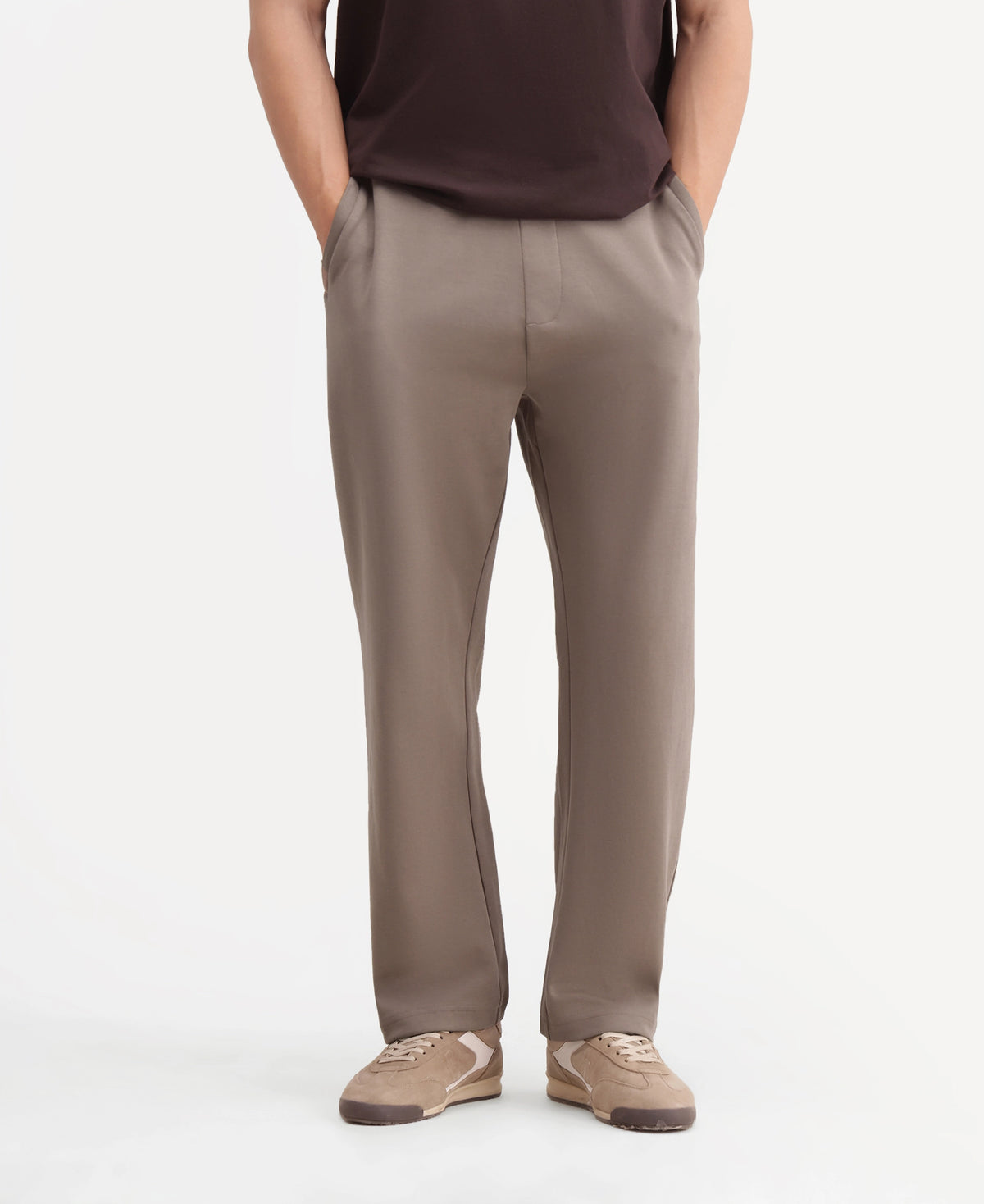 Rare Rabbit Men's Dali Dark Beige Cotton Blend Regular Plain Track Pant
