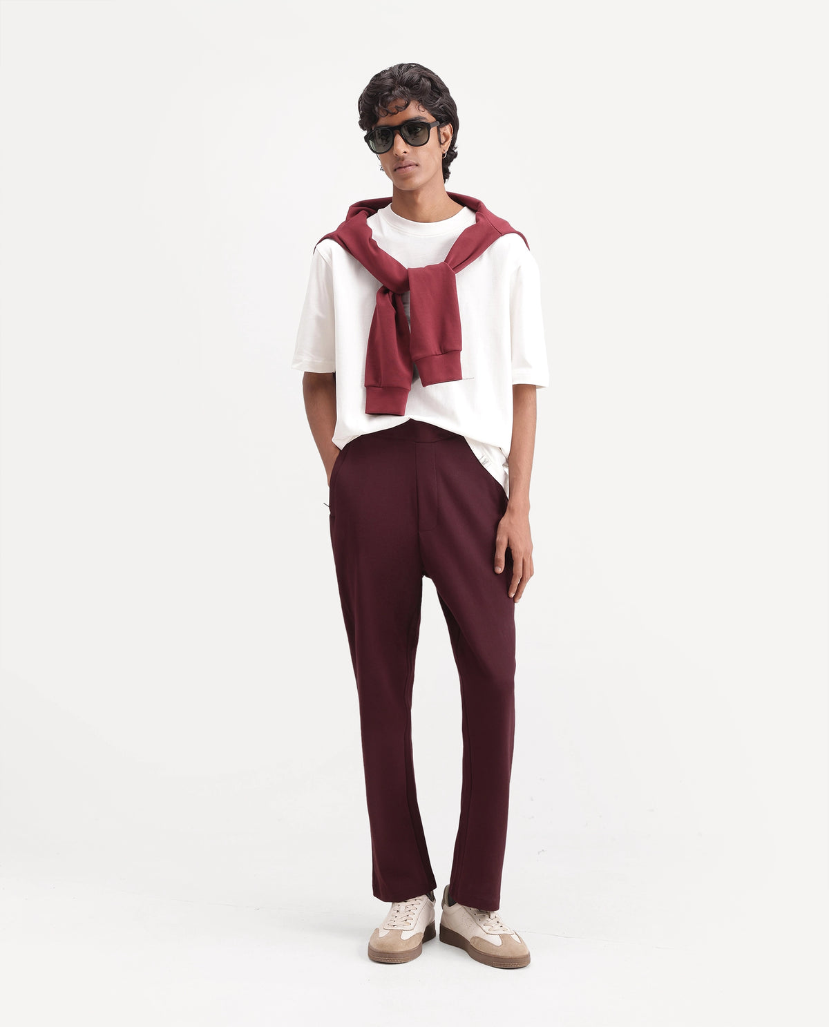 Rare Rabbit Men's Dali Dark Maroon Cotton Blend Regular Plain Track Pant