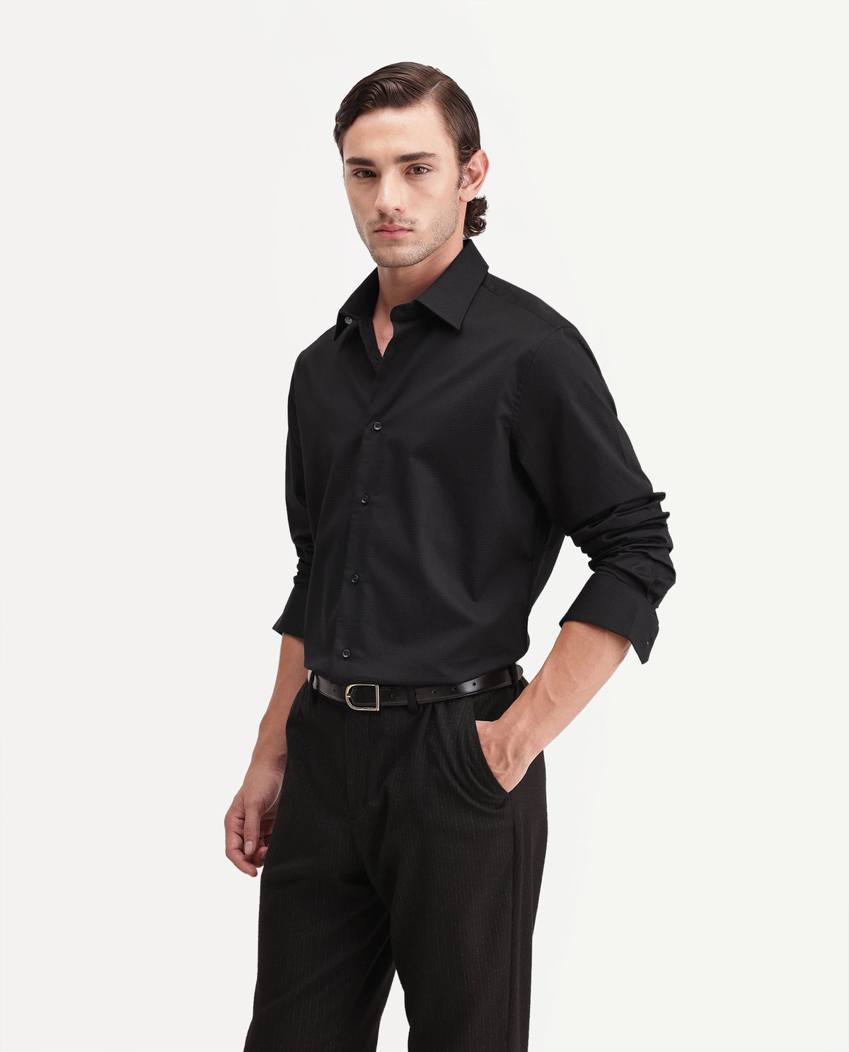 Rare Rabbit Men's Cent Primary Black Cotton Spread Collar Regular Plain Shirt