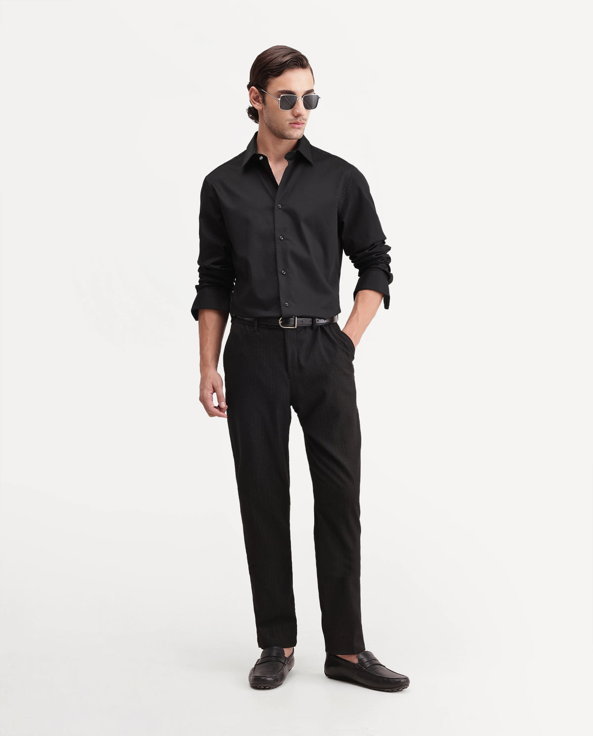 Rare Rabbit Men's Cent Primary Black Cotton Spread Collar Regular Plain Shirt