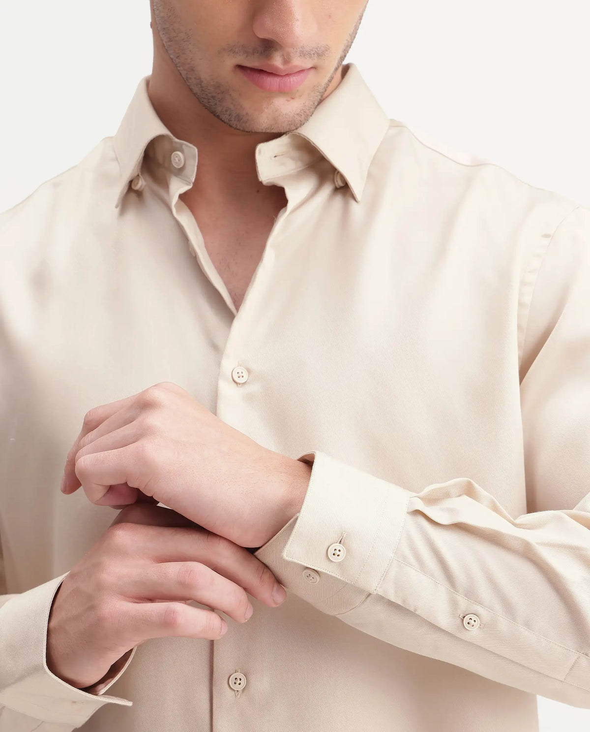 Rare Rabbit Men's Plit Primary Beige Tencel Spread Collar Regular Plain Shirt