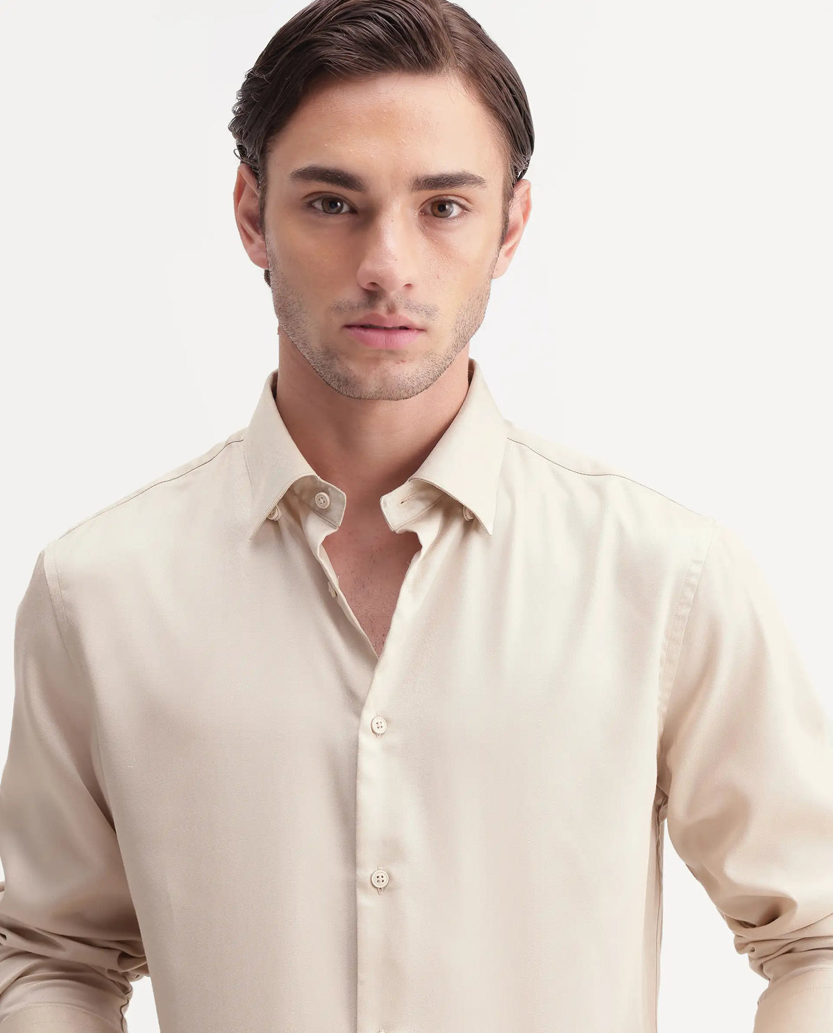 Rare Rabbit Men's Plit Primary Beige Tencel Spread Collar Regular Plain Shirt
