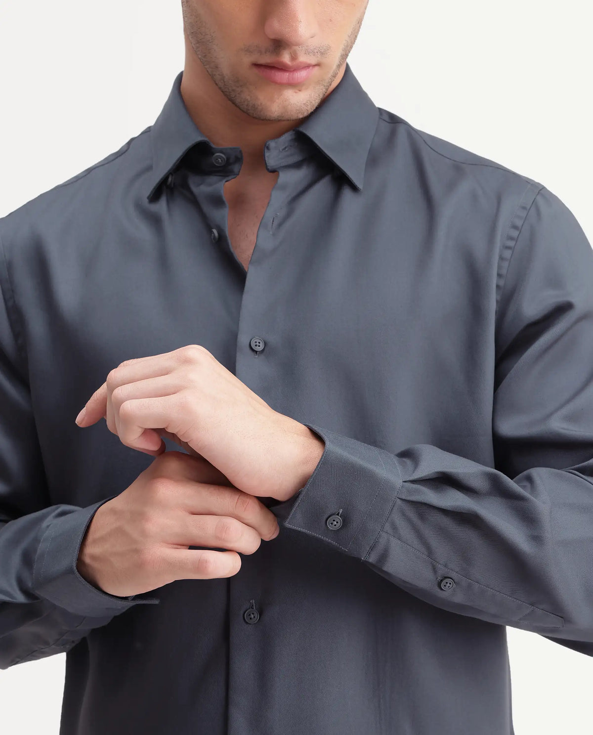 Rare Rabbit Men's Plit Dark Grey Tencel Spread Collar Regular Plain Shirt