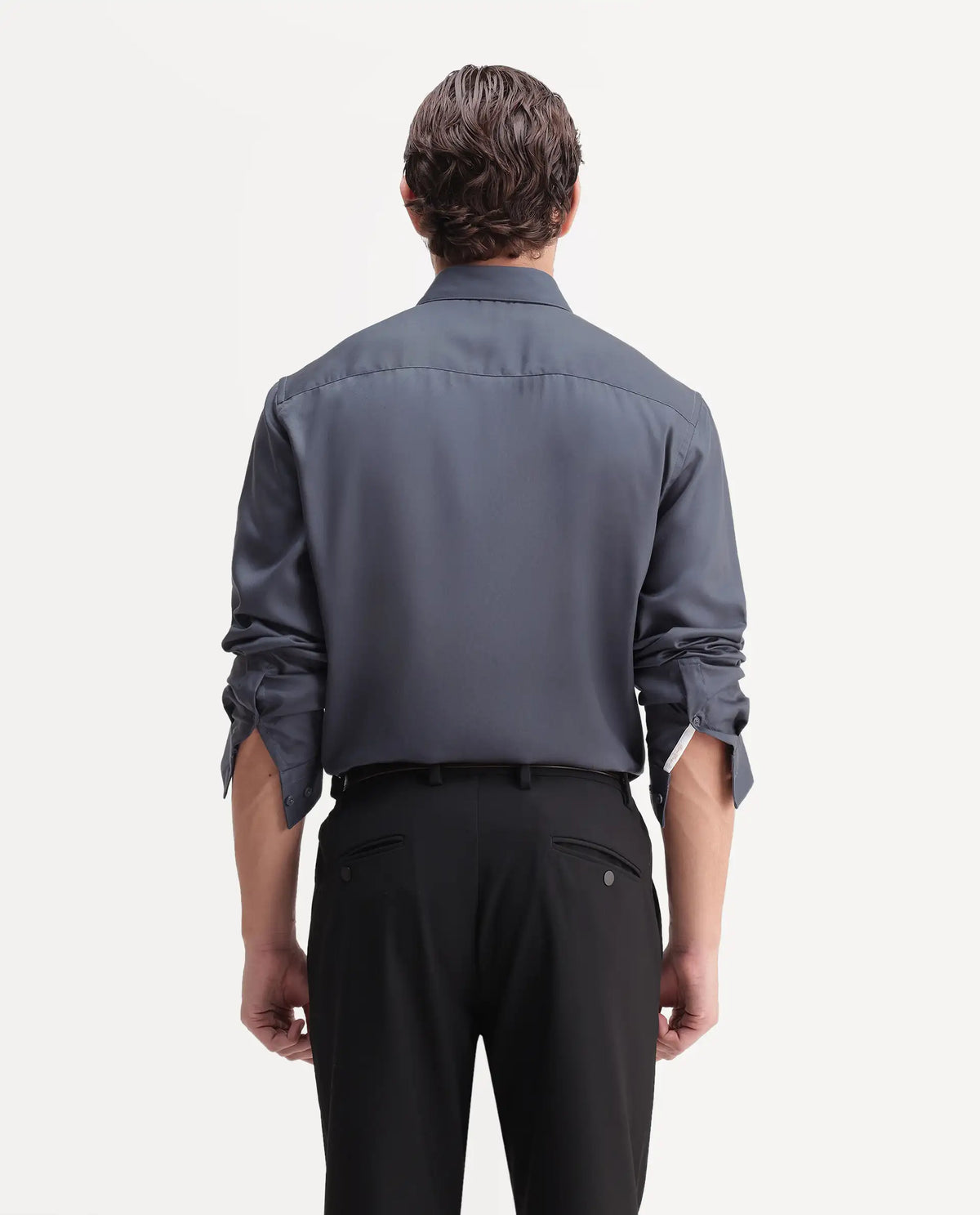 Rare Rabbit Men's Plit Dark Grey Tencel Spread Collar Regular Plain Shirt