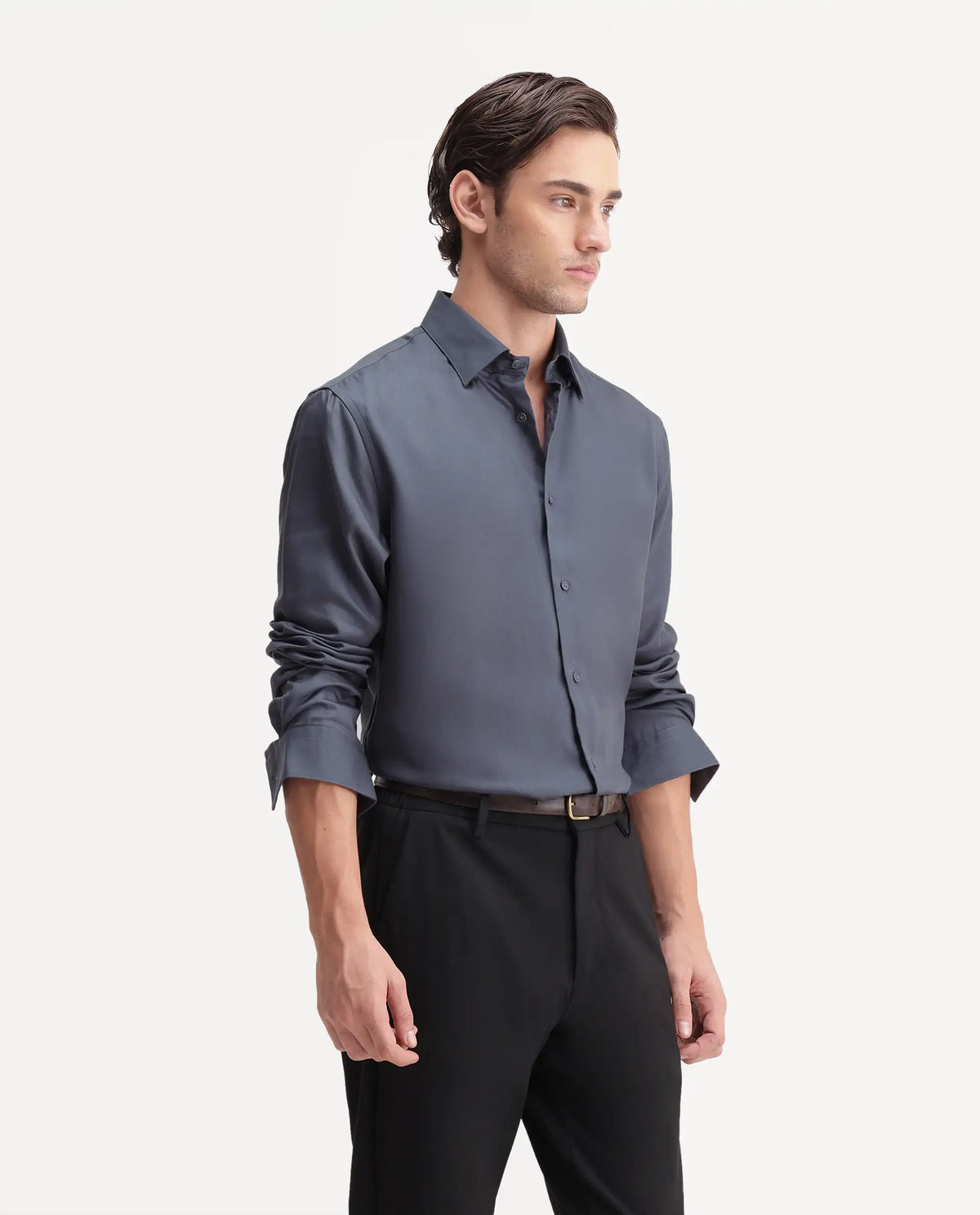 Rare Rabbit Men's Plit Dark Grey Tencel Spread Collar Regular Plain Shirt