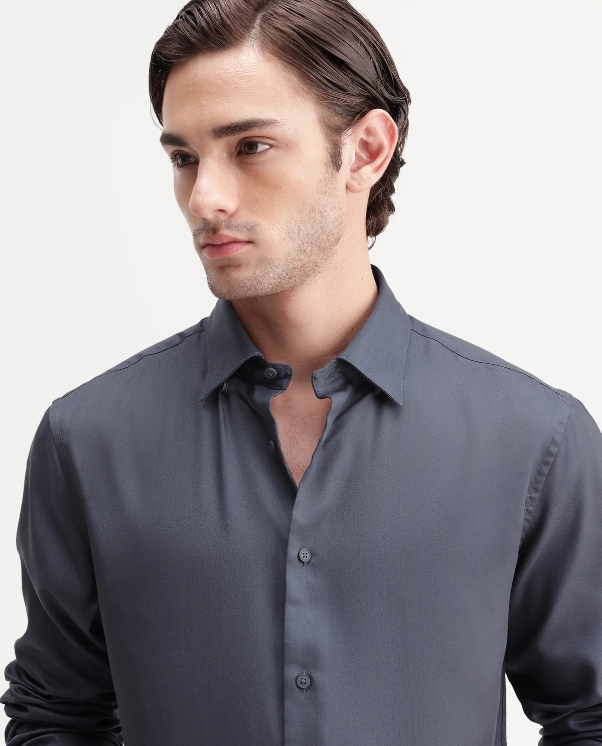 Rare Rabbit Men's Plit Dark Grey Tencel Spread Collar Regular Plain Shirt