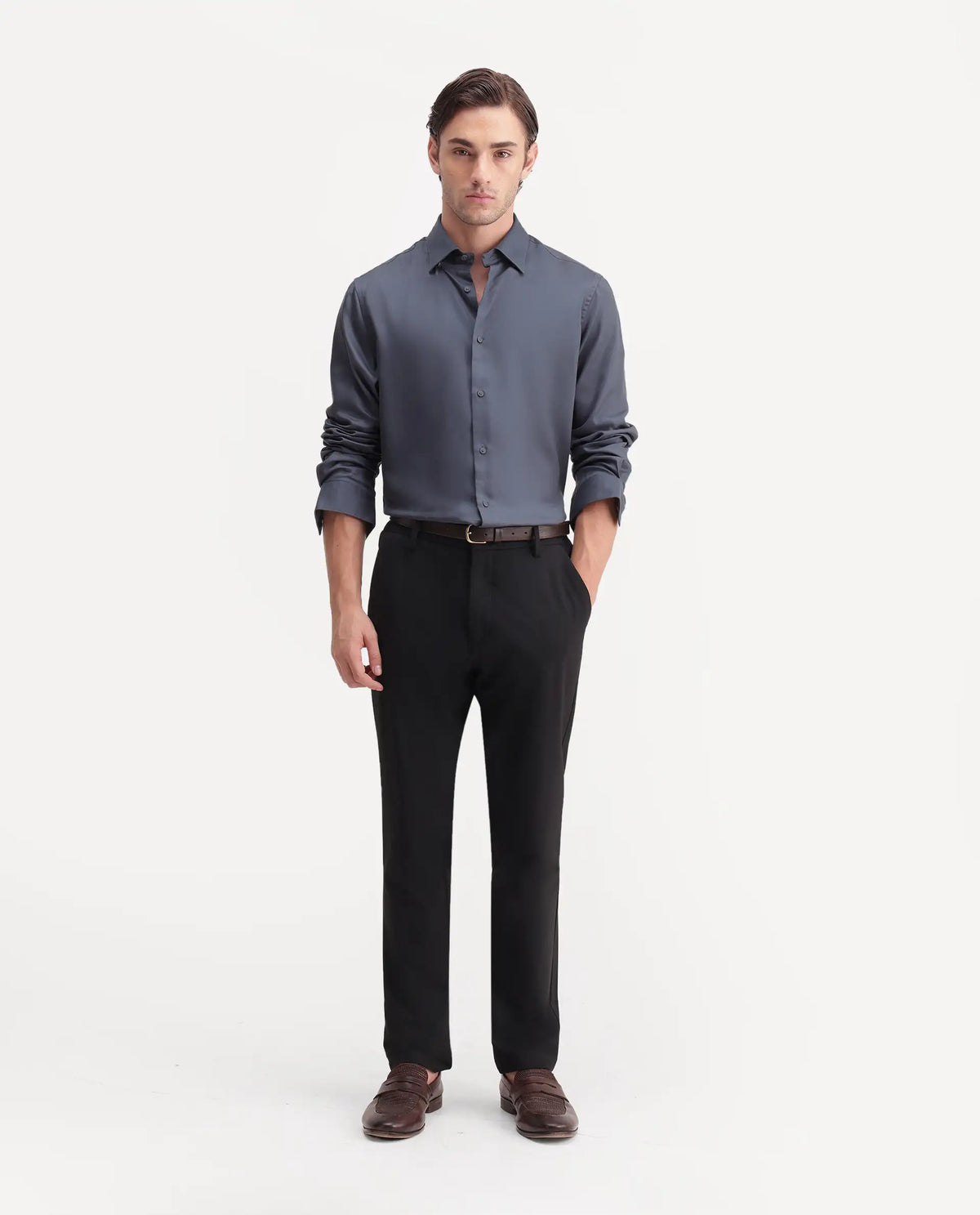 Rare Rabbit Men's Plit Dark Grey Tencel Spread Collar Regular Plain Shirt
