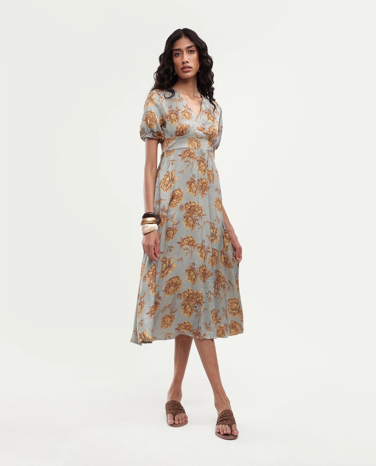 Rareism Women's Falo Pastel Blue Polyester Button And Zip Fit And Flare Floral Print Dress