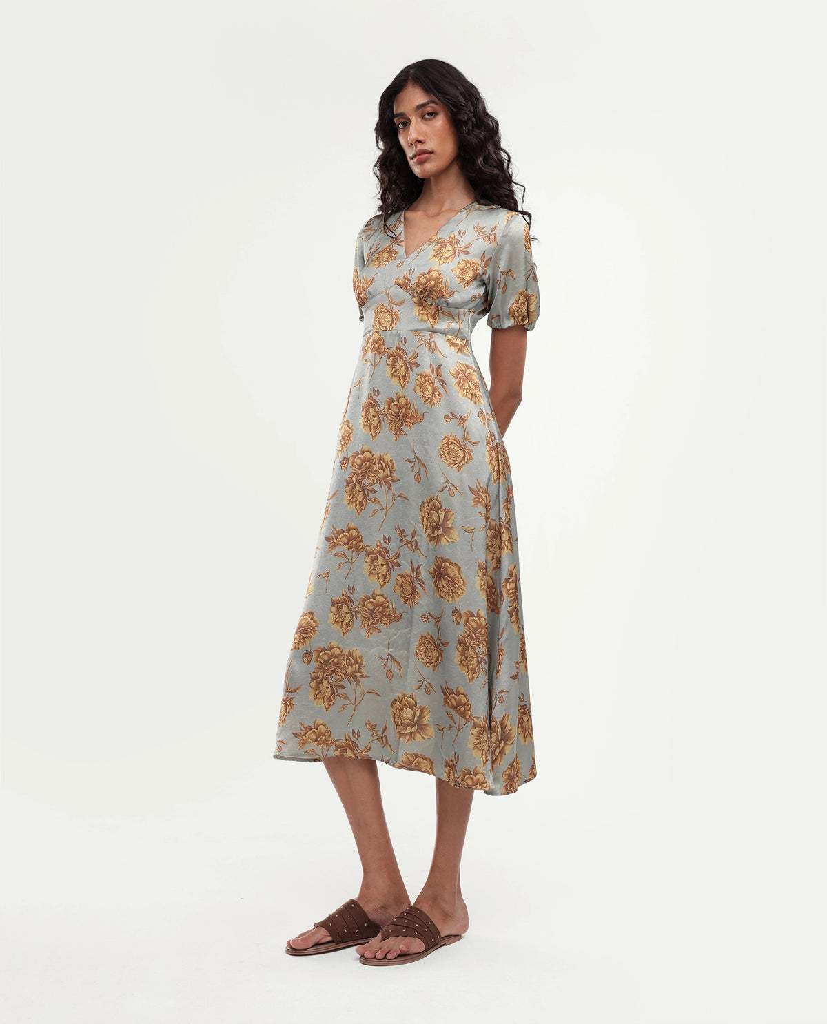 Rareism Women's Falo Pastel Blue Polyester Button And Zip Fit And Flare Floral Print Dress
