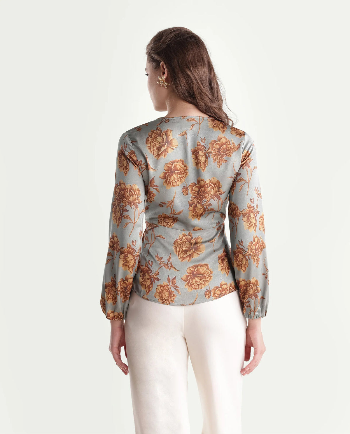 Rareism Women's Falon Pastel Blue Polyester Pull-On Wrap Floral Print Top