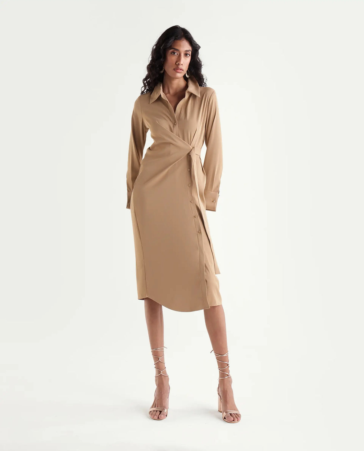 Rareism Women's Yaron Beige Polyester Button Regular Fit Dress