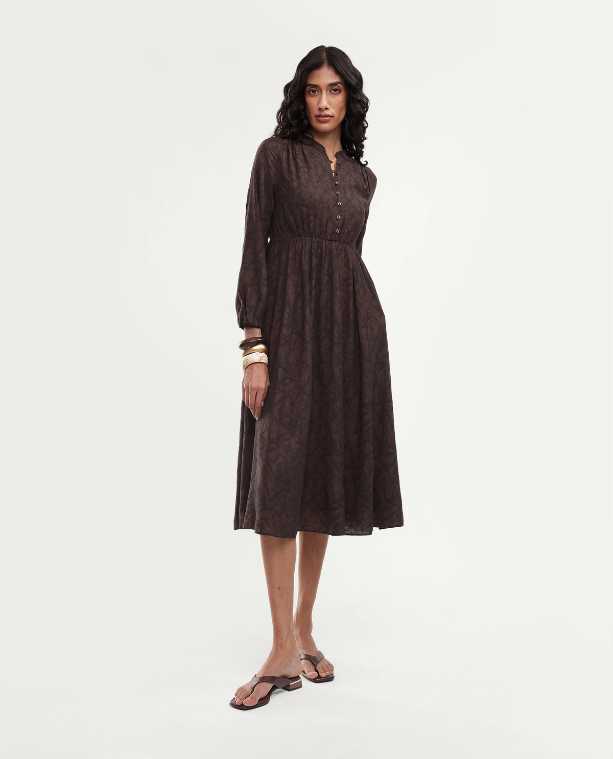 Rareism Women's Yustom Brown Viscose Blend Button Fit And Flare Dress