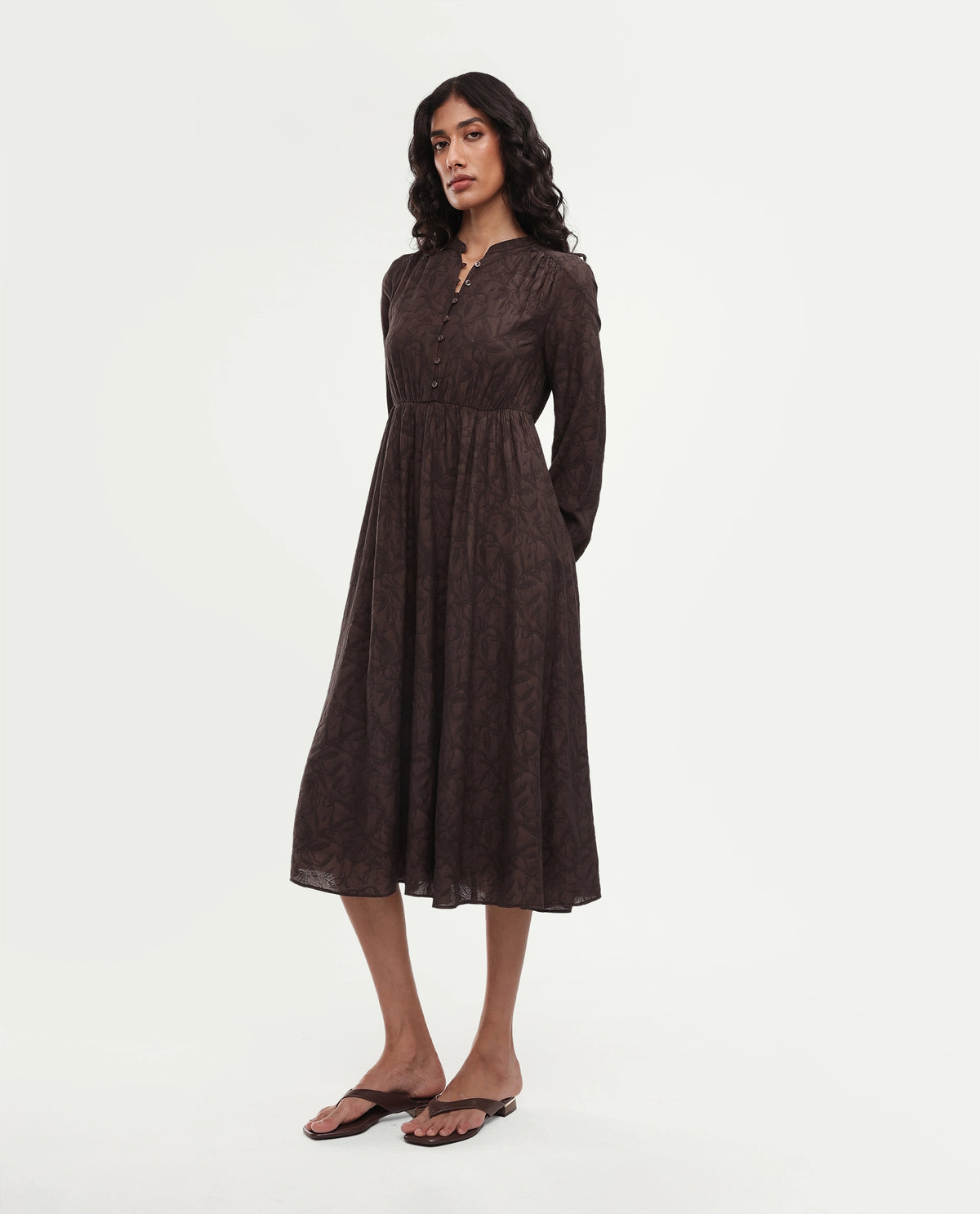Rareism Women's Yustom Brown Viscose Blend Button Fit And Flare Dress