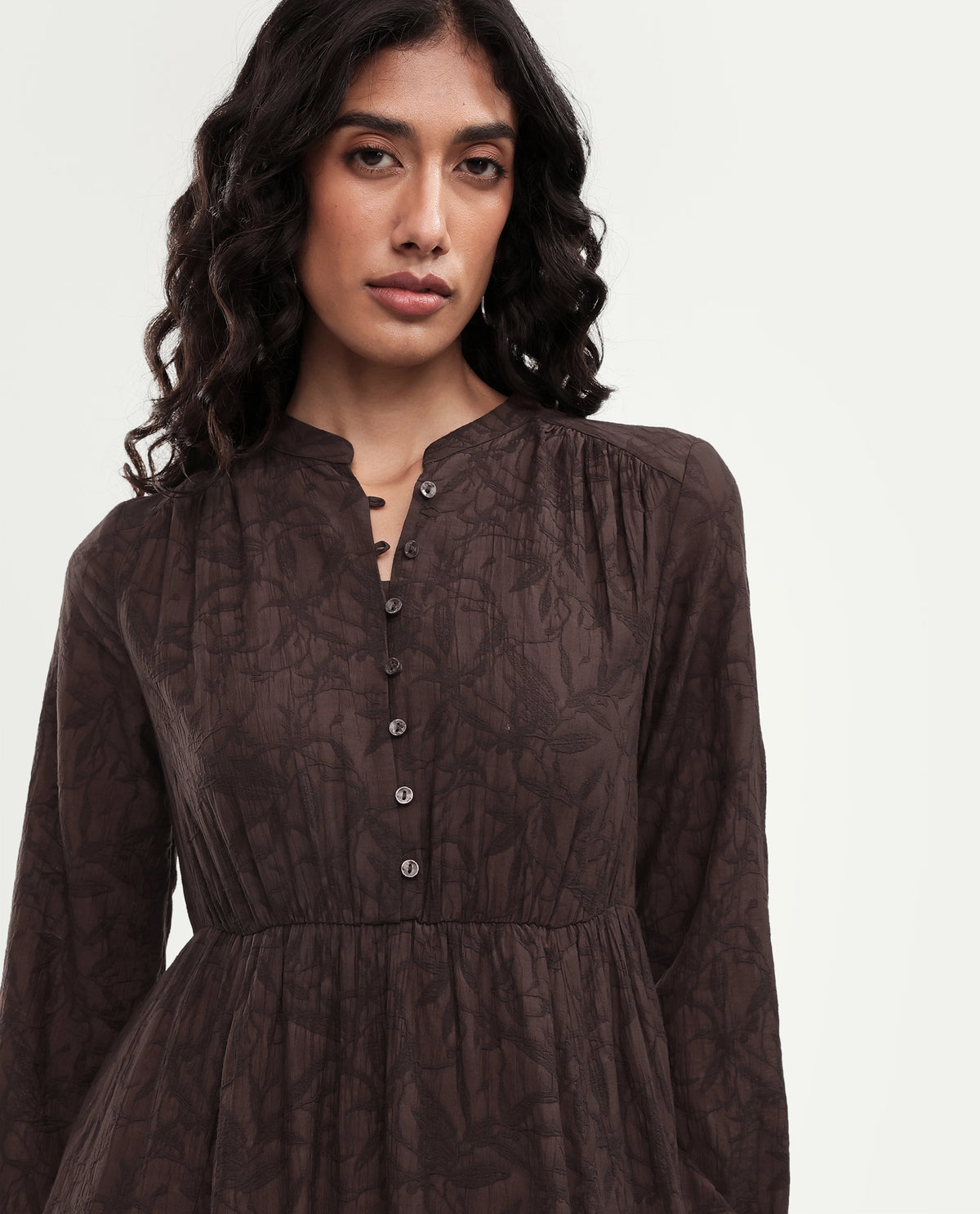 Rareism Women's Yustom Brown Viscose Blend Button Fit And Flare Dress