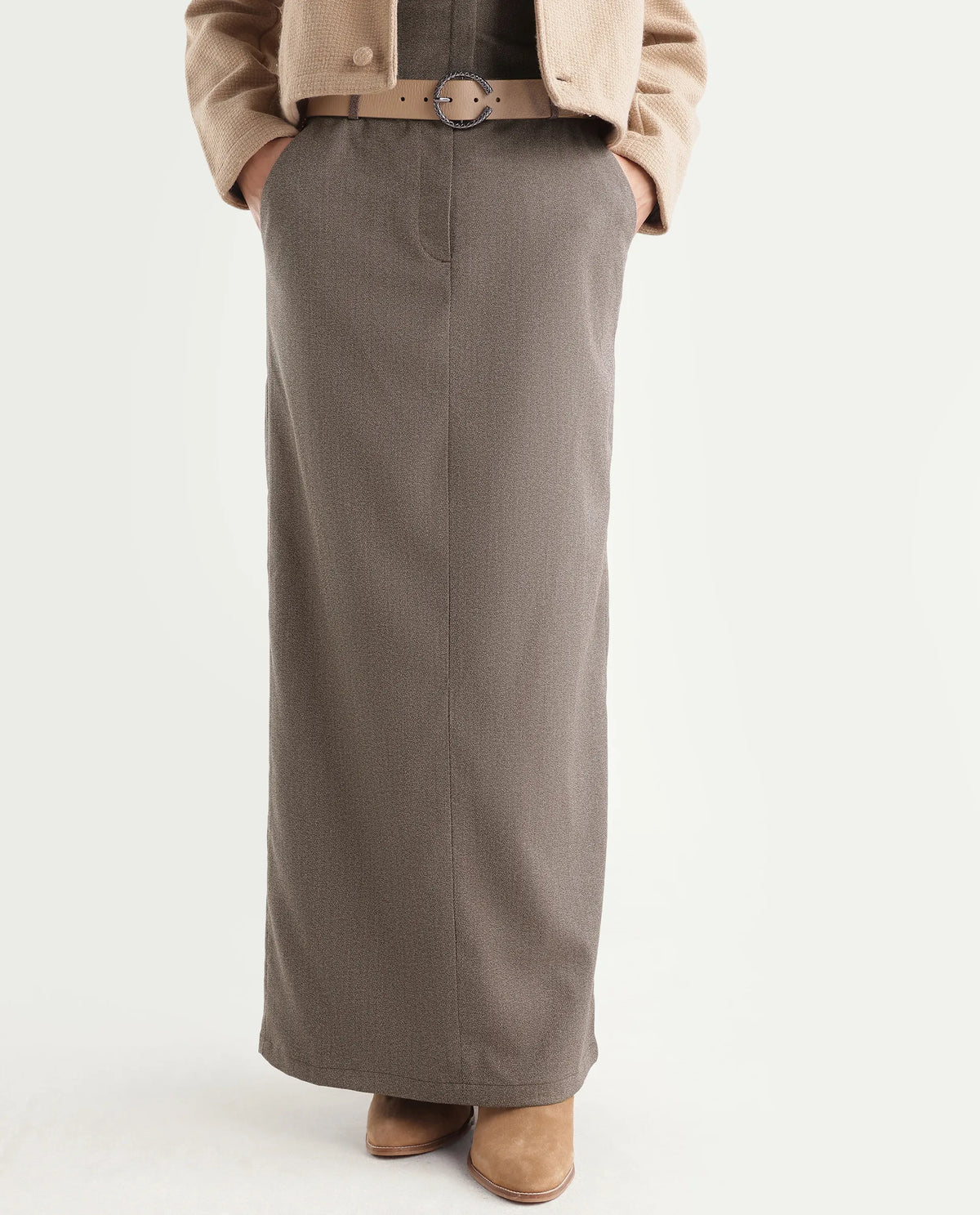 Rareism Women's Yuvia-B Dusky Brown Polyester Blend Hook And Zipper Fitted Skirt