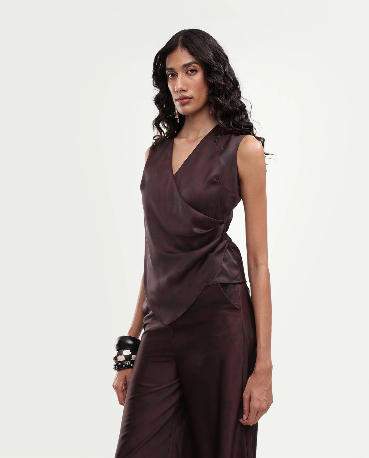 Rareism Women's Satox-T Dark Maroon Polyester Button And Zip Wrap Printed Top