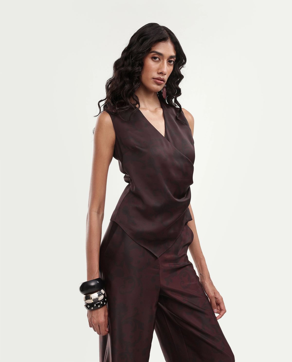 Rareism Women's Satox-T Dark Maroon Polyester Button And Zip Wrap Printed Top