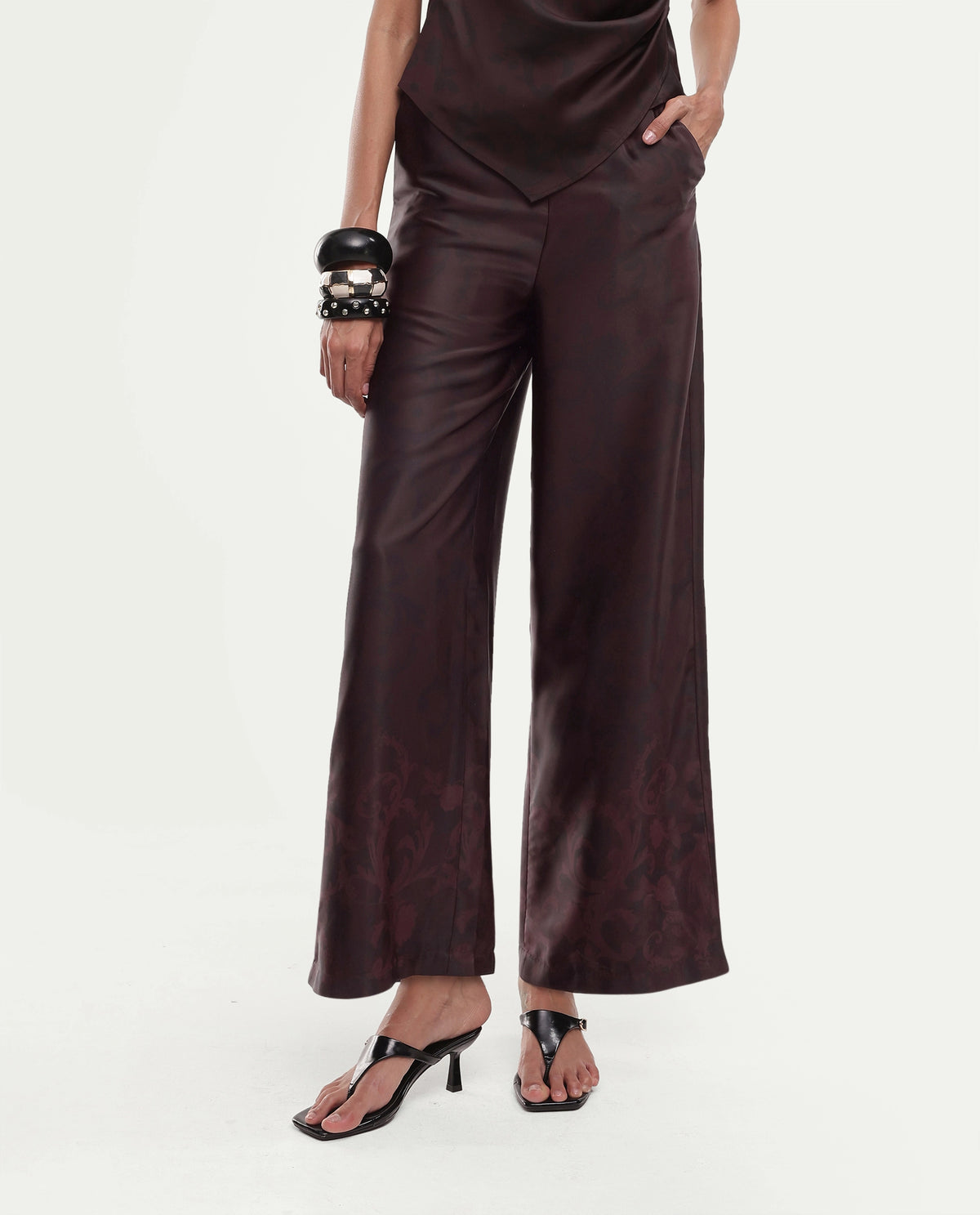 Rareism Women's Satox-B Dark Maroon Polyester Button And Zip Wide Printed Trouser