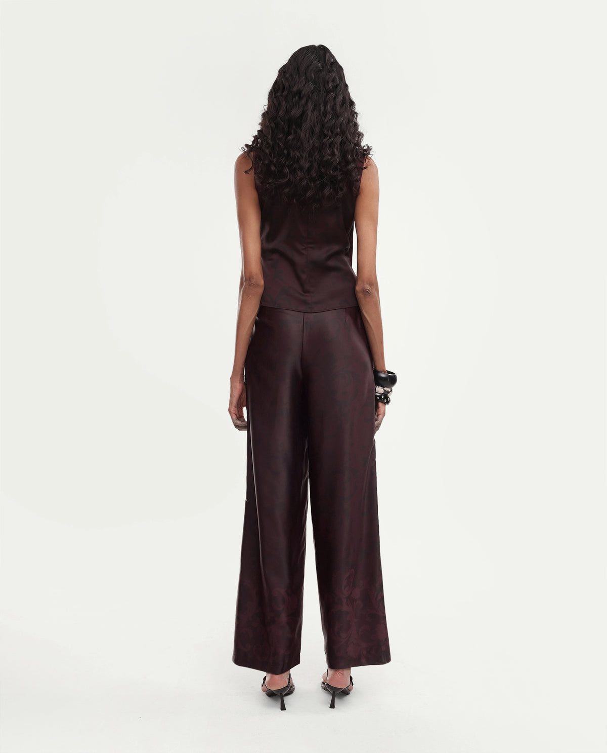 Rareism Women's Satox-B Dark Maroon Polyester Button And Zip Wide Printed Trouser