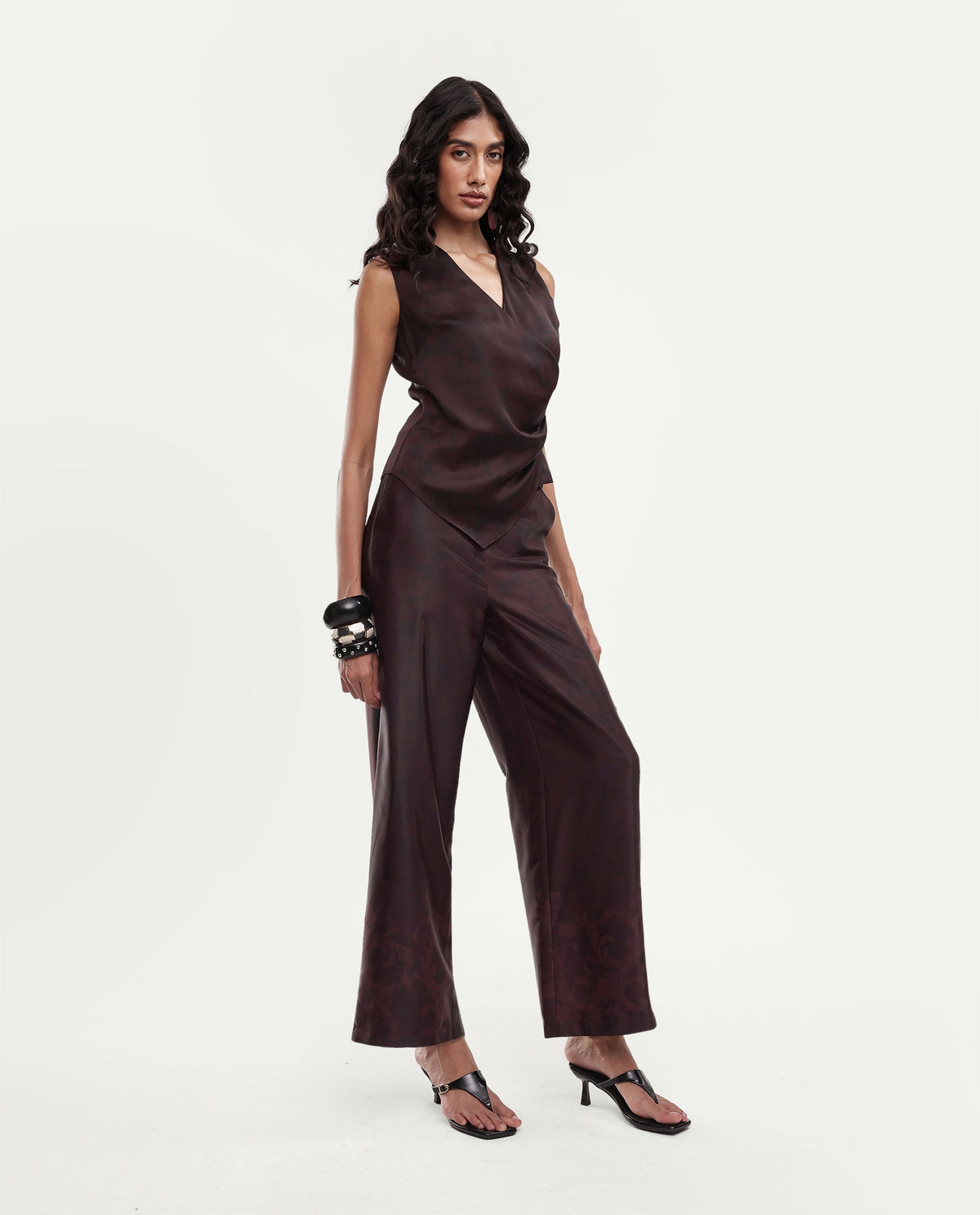 Rareism Women's Satox-B Dark Maroon Polyester Button And Zip Wide Printed Trouser
