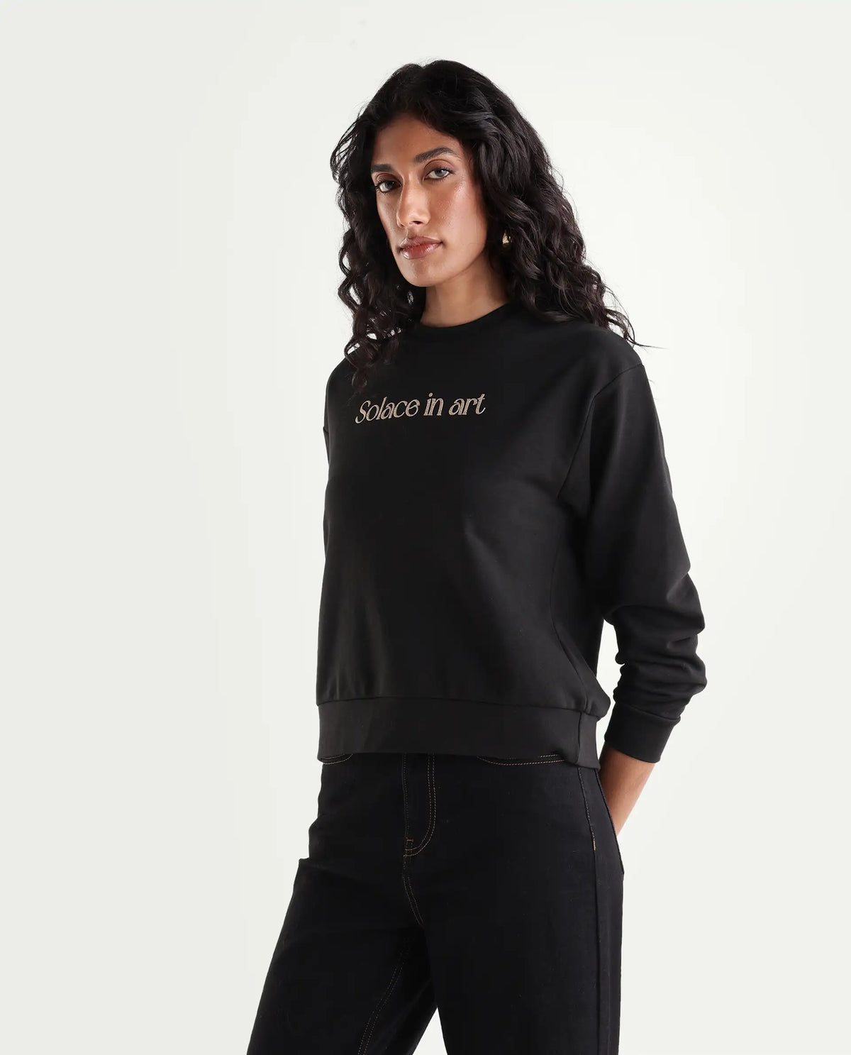 Rareism Women's Prow Black Cotton Blend Relaxed Fit Typography Print Sweatshirt
