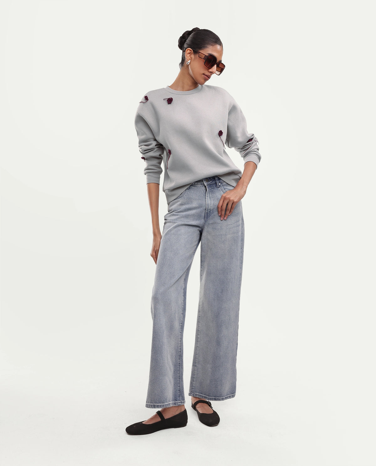 Rareism Women's Piano Light Grey Cotton Blend Pull-On Relaxed Fit Floral Print Sweatshirt
