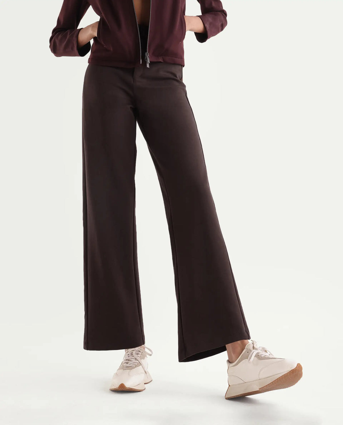 Rareism Women's Pay-B Dark Brown Cotton Blend Button And Zip Straight Track Pant