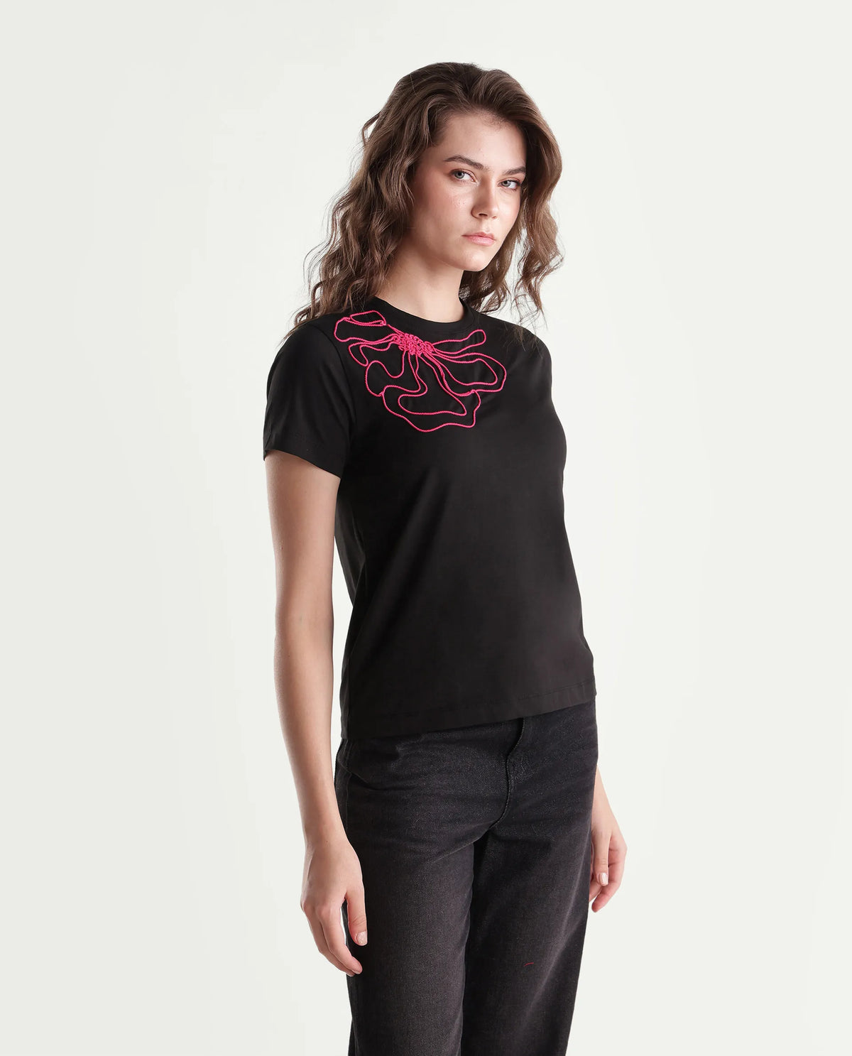Rareism Women's Pordd Black Cotton Blend Pull-On Regular Fit T-Shirt
