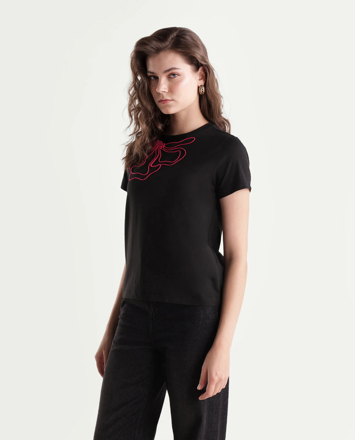 Rareism Women's Pordd Black Cotton Blend Pull-On Regular Fit T-Shirt