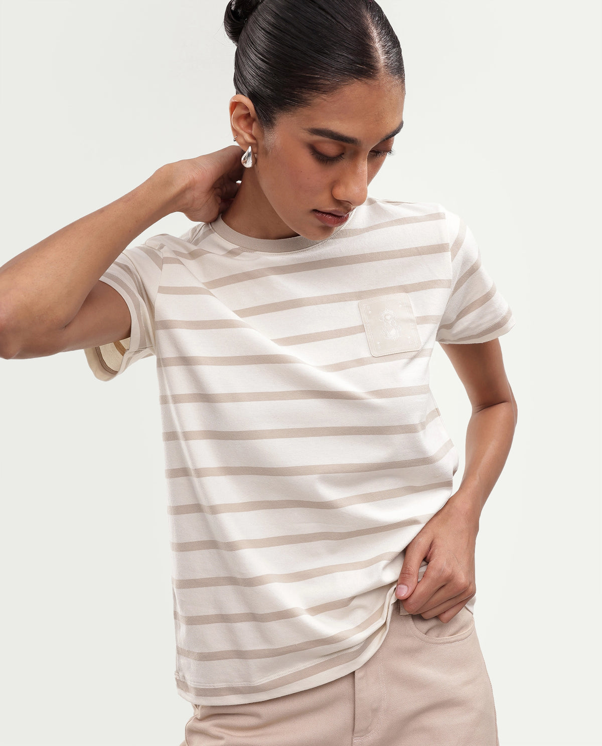 Rareism Women's Pos Light Beige Cotton Blend Pull-On Regular Fit T-Shirt