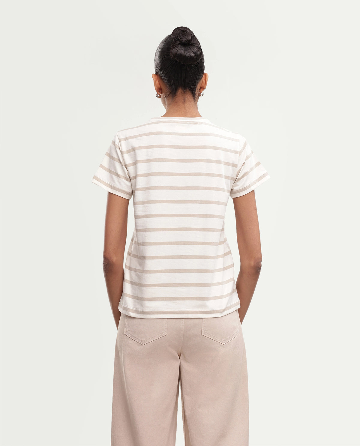 Rareism Women's Pos Light Beige Cotton Blend Pull-On Regular Fit T-Shirt