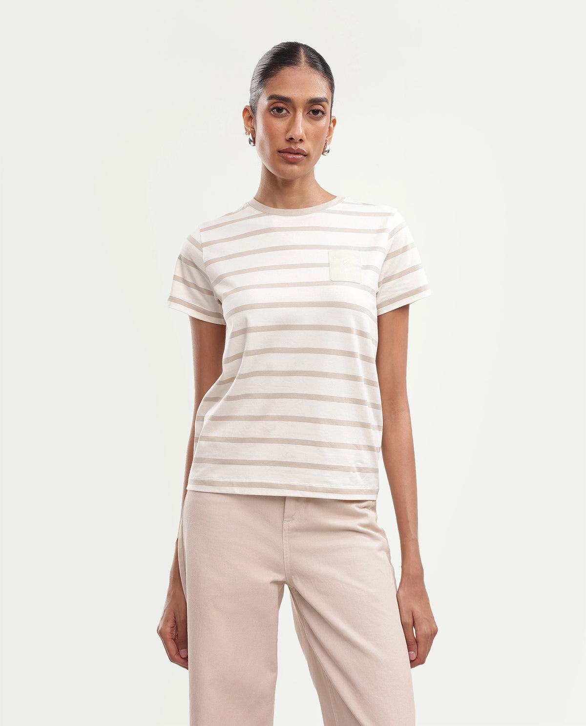 Rareism Women's Pos Light Beige Cotton Blend Pull-On Regular Fit T-Shirt