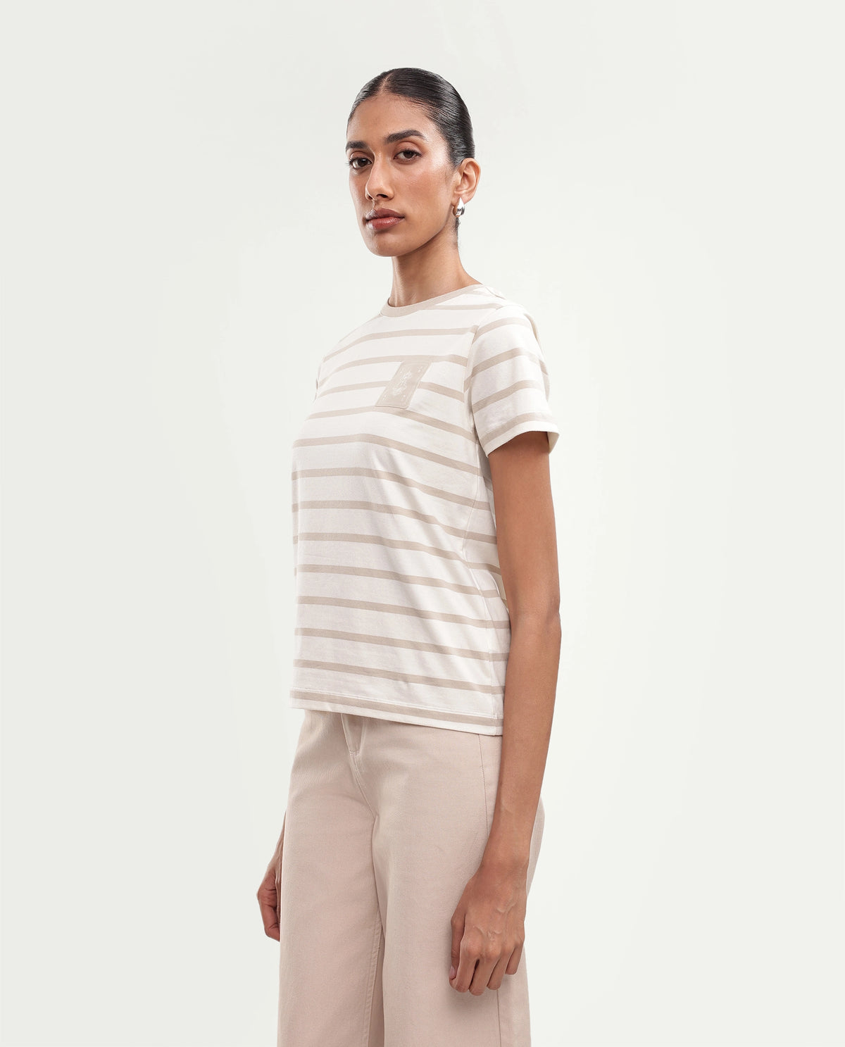 Rareism Women's Pos Light Beige Cotton Blend Pull-On Regular Fit T-Shirt