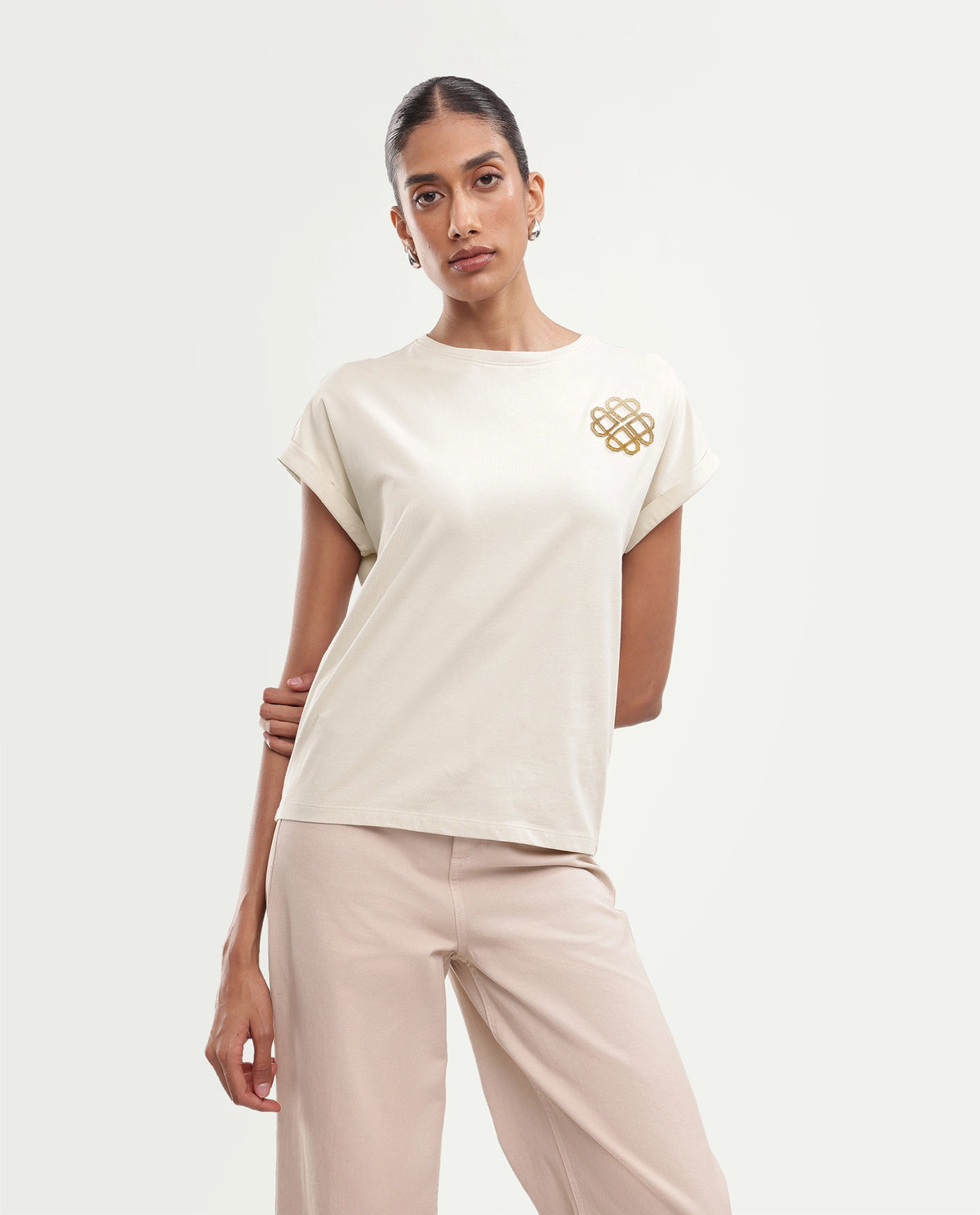 Rareism Women's Piku Light Beige Cotton Blend Pull-On Relaxed Fit Embroidered T-Shirt