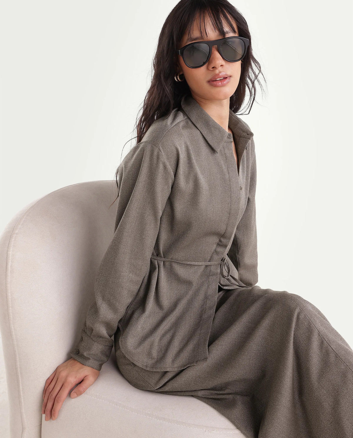 Rareism Women's Yuvia-T Dusky Brown Polyester Blend Button Relaxed Fit Shirt