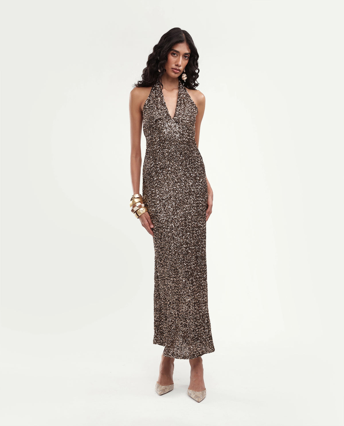 Rareism Women's Piquin Metalic Brown Polyester Button Bodycon Dress