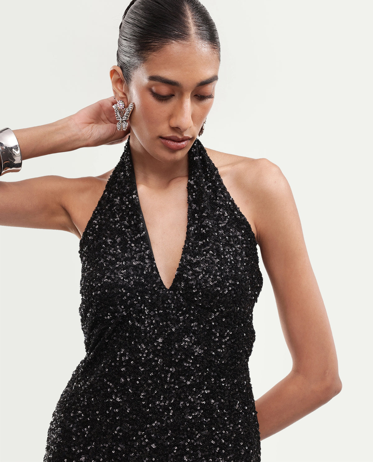 Rareism Women's Piquino Metalic Black Polyester Button Bodycon Dress