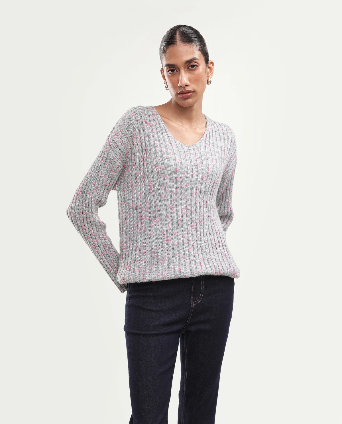 Rareism Women's Luffy Light Grey Polyester Blend V-Neck Relaxed Polka Print Sweater