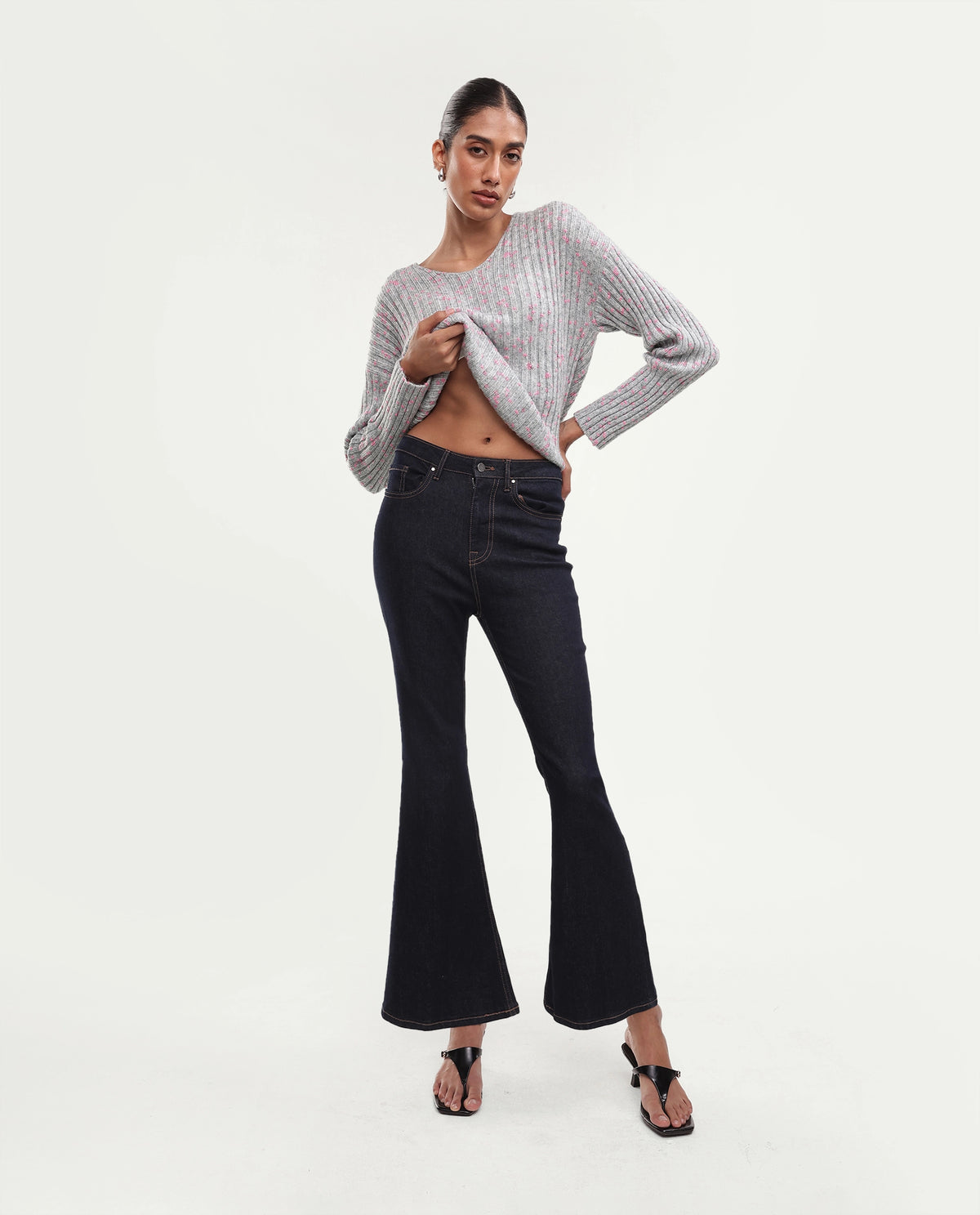 Rareism Women's Luffy Light Grey Polyester Blend V-Neck Relaxed Polka Print Sweater