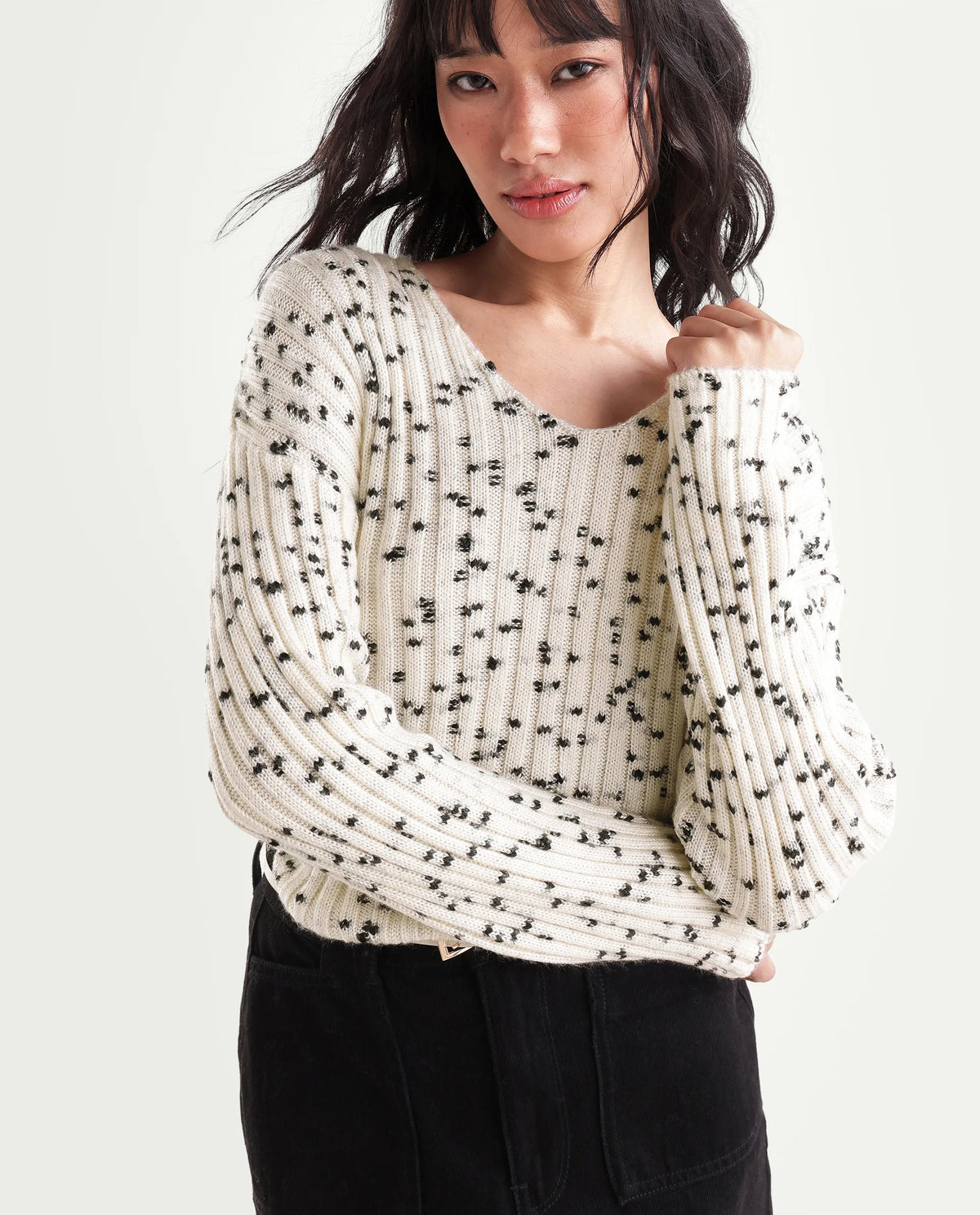 Rareism Women's Luffy Off White Polyester Blend V-Neck Relaxed Polka Print Sweater