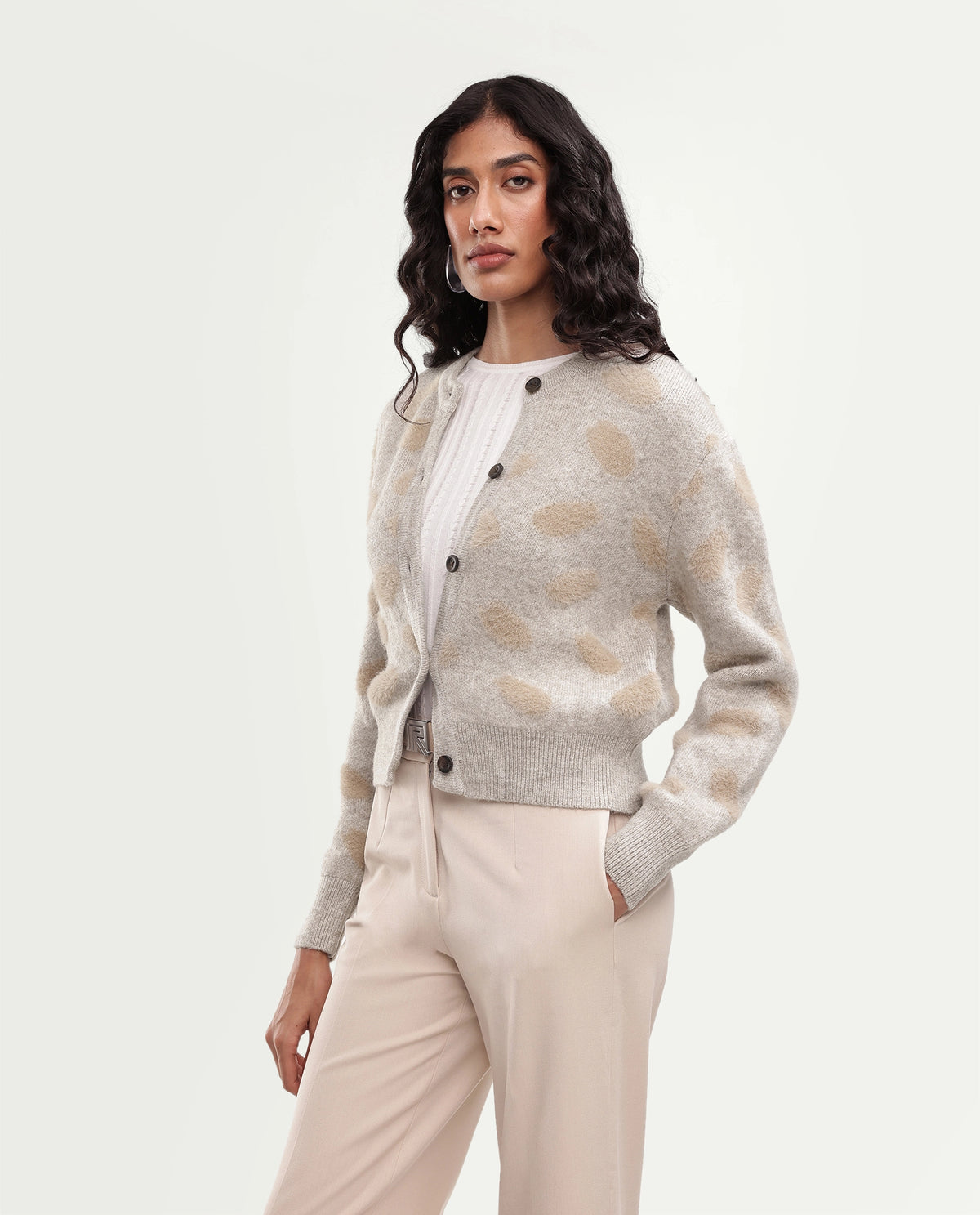 Rareism Women's Lezer Light Beige Nylon Blend Crew Neck Regular Polka Print Cardigan
